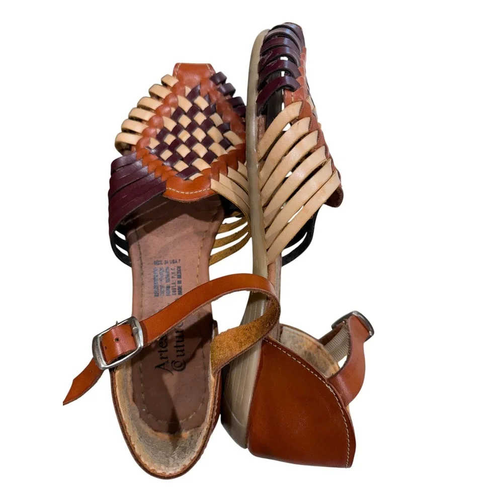 Artesano Couture Womens Leather Huarache Sandals Woven Boho Flats Brown 7 Mexico